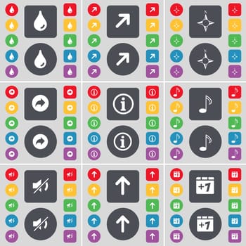 Drop, Full screen, Compass, Back, Information, Note, Mute, Arrow up, Plus one icon symbol. A large set of flat, colored buttons for your design. illustration