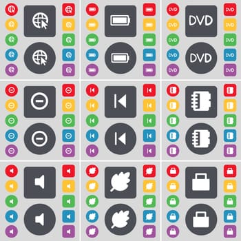 Web cursor, Battery, DVD, Minus, Media skip, Notebook, Sound, Leaf, Lock icon symbol. A large set of flat, colored buttons for your design. illustration