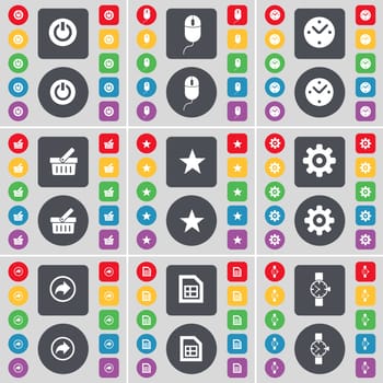 Power, Mouse, Clock, Basket, Star, Gear, Back, File, Wrist watch icon symbol. A large set of flat, colored buttons for your design. illustration