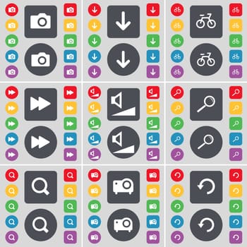 Camera, Arrow down, Bicycle, Rewind, Volume, Magnifying glass, Projector, Reload icon symbol. A large set of flat, colored buttons for your design. illustration