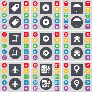 Tag, Stop, Umbrella, Scroll, Back, Wrench, Airplane, Speaker, Checkpoint icon symbol. A large set of flat, colored buttons for your design. illustration