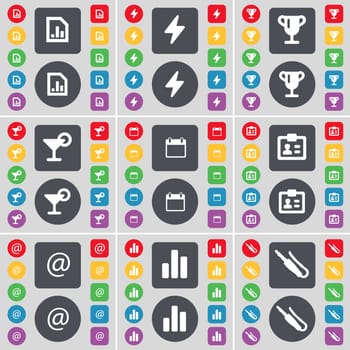 Diagram file, Flash, Cup, Cocktail, Calendar, Contact, Mail, Diagram, Microphone connector icon symbol. A large set of flat, colored buttons for your design. illustration