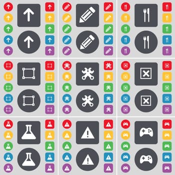 Arrow up, Pencil, Fork and knife, Frame, Wrench, Stop, Flask, Warning, Gamepad icon symbol. A large set of flat, colored buttons for your design. illustration