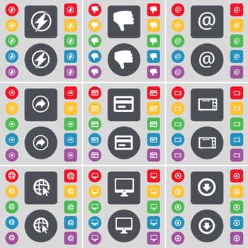 Flash, Dislike, Mail, Back, Credit card, Microwave, Web cursor, Monitor, Arrow down icon symbol. A large set of flat, colored buttons for your design. illustration
