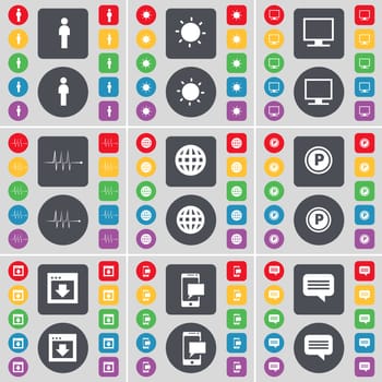 Silhouette, Light, Monitor, Pulse, Globe, Parking, Window, SMS, Chat bubble icon symbol. A large set of flat, colored buttons for your design. illustration