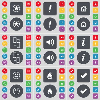 Star, Exclamation mark, House, Connection, Sound, Information, Smile, Fire, Tick icon symbol. A large set of flat, colored buttons for your design. illustration