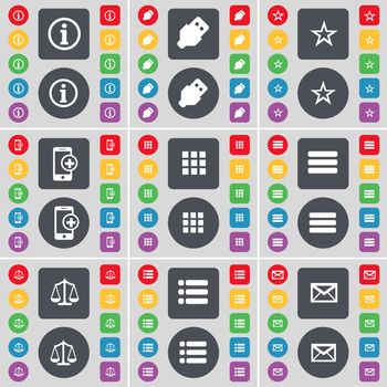 Information, USB, Star, Smartphone, Apps, Scales, List, Message icon symbol. A large set of flat, colored buttons for your design. illustration