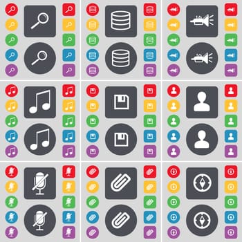 Magnifying glass, Database, Trumped, Note, Floppy, Avatar, Microphone, Clip, Compass icon symbol. A large set of flat, colored buttons for your design. illustration