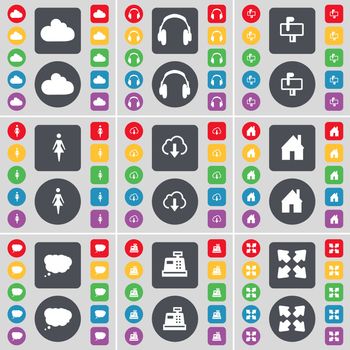 Cloud, Headphones, Mailbox, Silhouette, Cloud, House, Chat cloud, Cash register, Full screen icon symbol. A large set of flat, colored buttons for your design. illustration