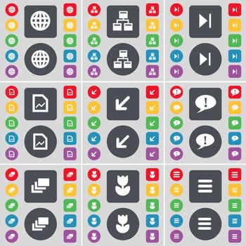 Globe, Network, Media skip, Graph file, Deploying screen, Chat bubble, Gallery, Flower, Apps icon symbol. A large set of flat, colored buttons for your design. illustration