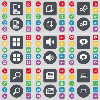 Smartphone, File, Gear, Apps, Sound, Chat bubble, Magnifying glass, Newspaper, Laptop icon symbol. A large set of flat, colored buttons for your design. illustration