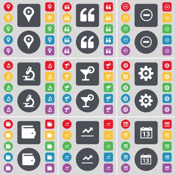 Checkpoint, Quotation mark, Minus, Microscope, Cocktail, Gear, Wallet, Graph, Calendar icon symbol. A large set of flat, colored buttons for your design. illustration