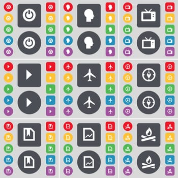 Power, Silhouette, Retro TV, Media play, Airplane, Compass, File, Graph, Campfire icon symbol. A large set of flat, colored buttons for your design. illustration