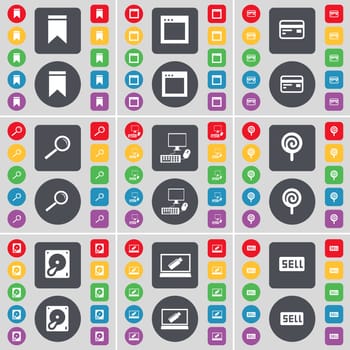 Marker, Window, Credit card, Magnifying glass, PC, Lollipop, Hard drive, Laptop, Sell icon symbol. A large set of flat, colored buttons for your design. illustration