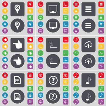 Checkpoint, Monitor, Apps, Hand, Cigarette, Cloud, File, Question mark, Note icon symbol. A large set of flat, colored buttons for your design. illustration