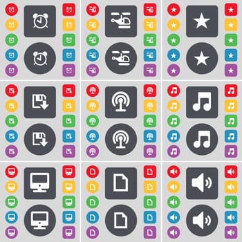 Alarm clock, Helicopter, Star, Floppy, Wi-Fi, Note, Monitor, File, Sound icon symbol. A large set of flat, colored buttons for your design. illustration