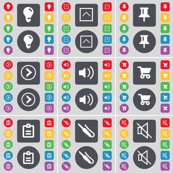 Light bulb, Arrow up, Pin, Arrow right, Sound, Shopping cart, Survey, Microphone connector, Mute icon symbol. A large set of flat, colored buttons for your design. illustration