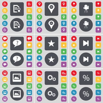 Text file, Checkpoint, Film camera, Chat bubble, Star, Media skip, Window, Gear, Percent icon symbol. A large set of flat, colored buttons for your design. illustration