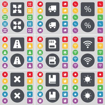Full screen, Truck, Percent, Road, SIM card, Wi-Fi, Stop, Dictionary, Light icon symbol. A large set of flat, colored buttons for your design. illustration