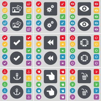 Picture, Gear, Vision, Tick, Rewind, Smartphone, Anchor, Hand, Trash can icon symbol. A large set of flat, colored buttons for your design. illustration