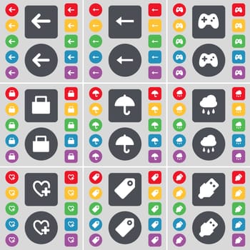 Arrow left, Gamepad, Lock, Umbrella, Cloud, Heart, Tag, USB icon symbol. A large set of flat, colored buttons for your design. illustration