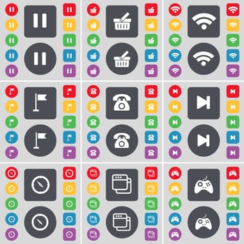 Pause, Basket, Wi-Fi, Golf hole, Retro phone, Media skip, Compass, Window, Gamepad icon symbol. A large set of flat, colored buttons for your design. illustration