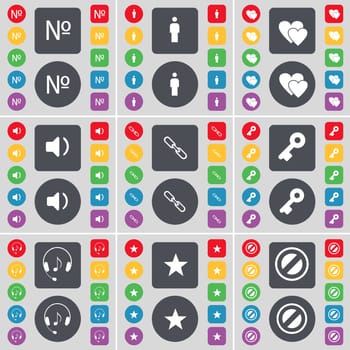 Number, Silhouette, Heart, Sound, Link, Key, Headphones, Star, Stop icon symbol. A large set of flat, colored buttons for your design. illustration