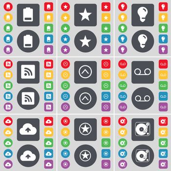 Battery, Star, Light bulb, RSS, Arrow up, Cassette, Cloud, Star, Gramophone icon symbol. A large set of flat, colored buttons for your design. illustration