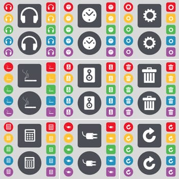 Headphones, Clock, Gear, Cigarette, Speaker, Trash can, Calculator, Socket, Reload icon symbol. A large set of flat, colored buttons for your design. illustration