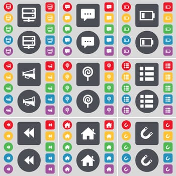 Bed-table, Chat bubble, Battery, Megaphone, Lollipop, List, Rewind, House, Magnet icon symbol. A large set of flat, colored buttons for your design. illustration