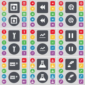 Window, Rewind, Web cursor, Wrench, Graph, Pause, Cassette, Flask, Ink pot icon symbol. A large set of flat, colored buttons for your design. illustration