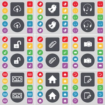 Cloud, Bird, Headphones, Lock, Clip, Camera, Cassette, House, Notebook icon symbol. A large set of flat, colored buttons for your design. illustration