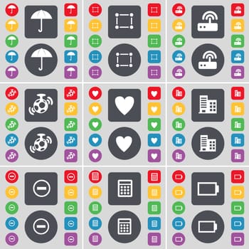 Umbrella, Frame, Router, Speaker, Heart, Building, Minus, Calculator, Battery icon symbol. A large set of flat, colored buttons for your design. illustration