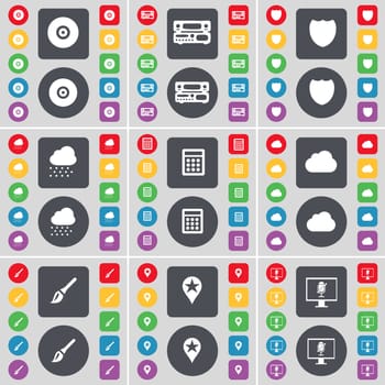 Disk, Record-player, Badge, Cloud, Calculator, Brush, Checkpoint, Monitor icon symbol. A large set of flat, colored buttons for your design. illustration