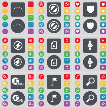 Star, Stop, Badge, Flash, Download file, Wrist watch, DVD, Golf hole, Magnifying glass icon symbol. A large set of flat, colored buttons for your design. illustration