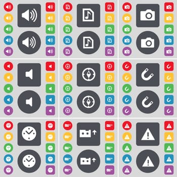 Sound, Note file, Camera, Sound, Compass, Magnet, Clock, Cassette, Warning icon symbol. A large set of flat, colored buttons for your design. illustration