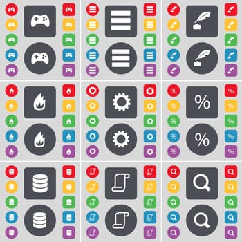 Gamepad, Apps, Ink pen, Fire, Gear, Percent, Database, Scroll, Magnifying glass icon symbol. A large set of flat, colored buttons for your design. illustration