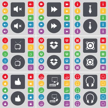 Mute, Rewind, Tie, Retro TV, Dropbox, Speaker, Like, PC, Headphones icon symbol. A large set of flat, colored buttons for your design. illustration