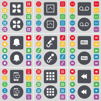 Full screen, Arrow up, Cassette, Notification, Microphone, Sell, SMS, Apps, Rewind icon symbol. A large set of flat, colored buttons for your design. illustration