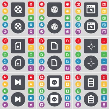 Videotape, Pizza, Window, Upload file, File, Compass, Media skip, Socket, Battery icon symbol. A large set of flat, colored buttons for your design. illustration