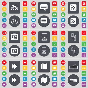 Bicycle, Chat bubble, RSS, Contact, PC, Connection, Rewind, Map, Keyboard icon symbol. A large set of flat, colored buttons for your design. illustration