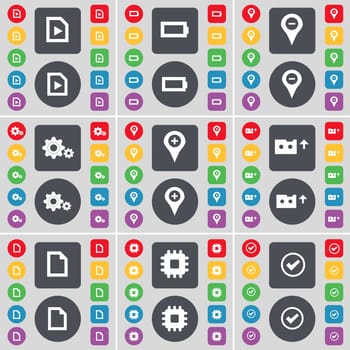 Media file, Battery, Checkpoint, Gear, Cassette, File, Processor, Tick icon symbol. A large set of flat, colored buttons for your design. illustration