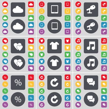 Cloud, Tablet PC, Microphone, Heart, T-Shirt, Note, Percent, Reload, Chat icon symbol. A large set of flat, colored buttons for your design. illustration