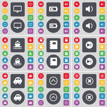 Monitor, Battery, Sound, Ship, Notebook, Media skip, Car, Arrow up, Stop icon symbol. A large set of flat, colored buttons for your design. illustration
