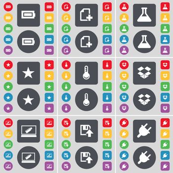 Battery, File, Flask, Star, Thermometer, Dropbox, Laptop, Floppy, Socket icon symbol. A large set of flat, colored buttons for your design. illustration