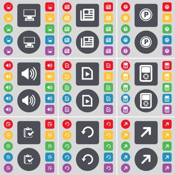 Monitor, Newspaper, Parking, Sound, Media file, Player, Survey, Reload, Full screen icon symbol. A large set of flat, colored buttons for your design. illustration