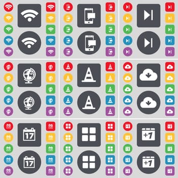 Wi-Fi, SMS, Media skip, Globe, Cone, Cloud, Calendar, Apps, Plus one icon symbol. A large set of flat, colored buttons for your design. illustration