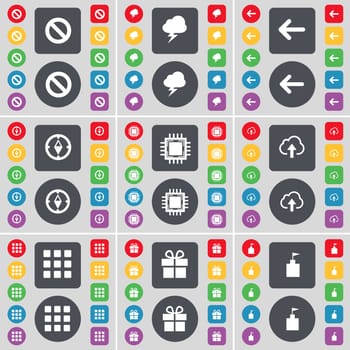 Stop, Lightning, Arrow left, Compass, Processor, Cloud, Apps, Gift, Flag tower icon symbol. A large set of flat, colored buttons for your design. illustration