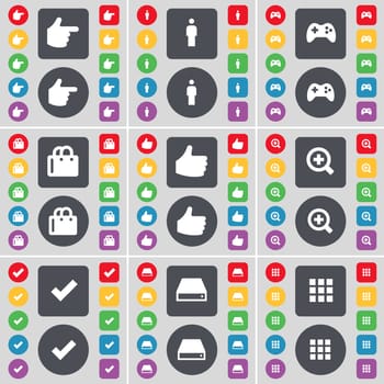 Hand, Silhouette, Gamepad, Shopping bag, Like, Magnifying glass, Tick, Hard drive, Apps icon symbol. A large set of flat, colored buttons for your design. illustration