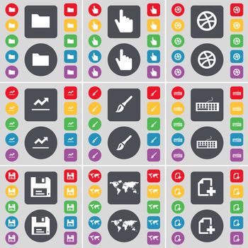 Folder, Hand, Ball, Graph, Brush, Keyboard, Floppy, Globe, File icon symbol. A large set of flat, colored buttons for your design. illustration